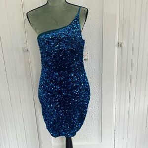 Blue Sequin One-Shoulder Dress